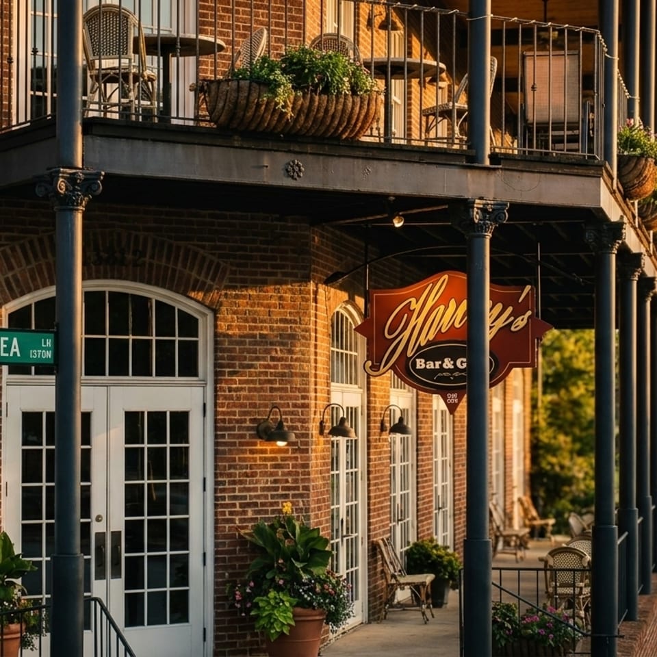 A brick building with a balcony and a sign for "Harry's Bar & Grill" at sunset.