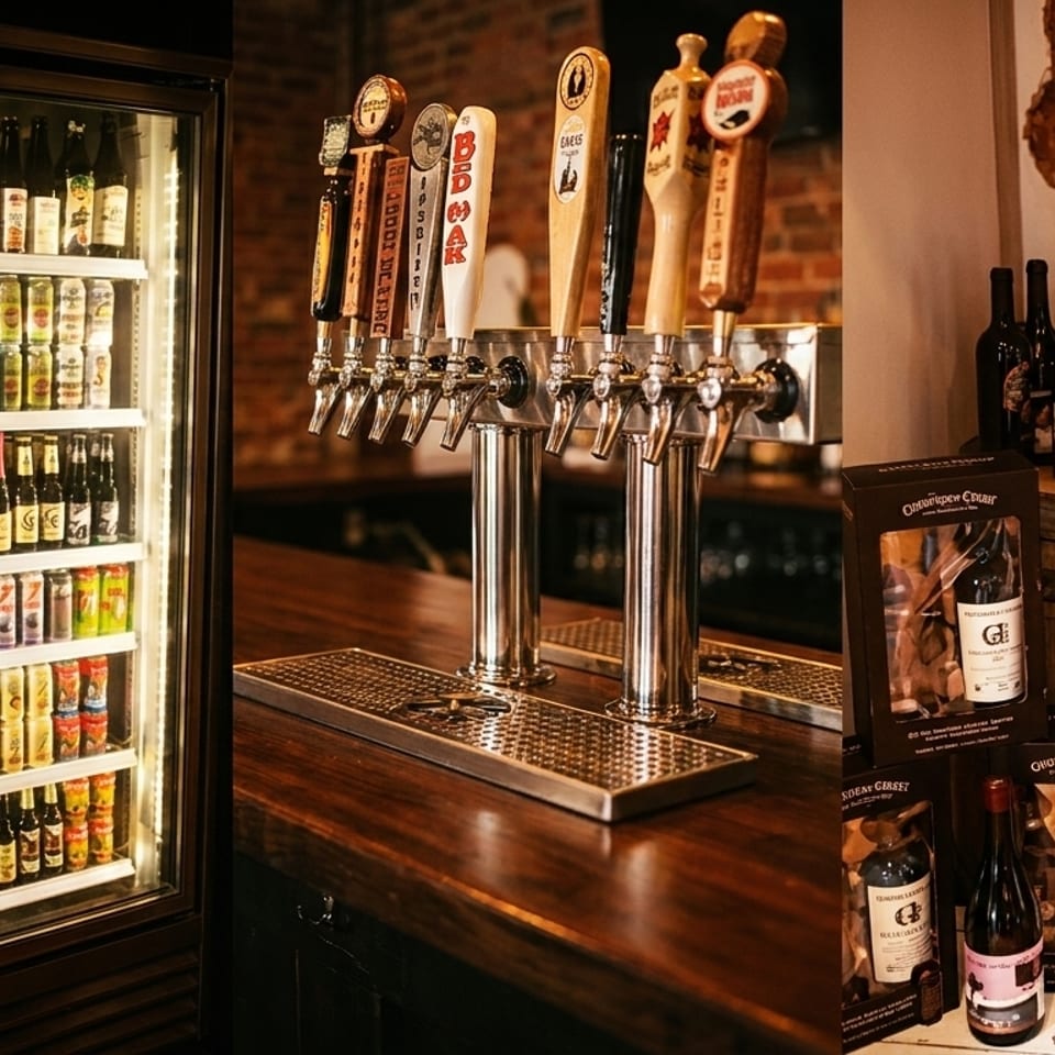 A beer fridge, taps, and wine bottles on a barrel in a rustic bar setting.