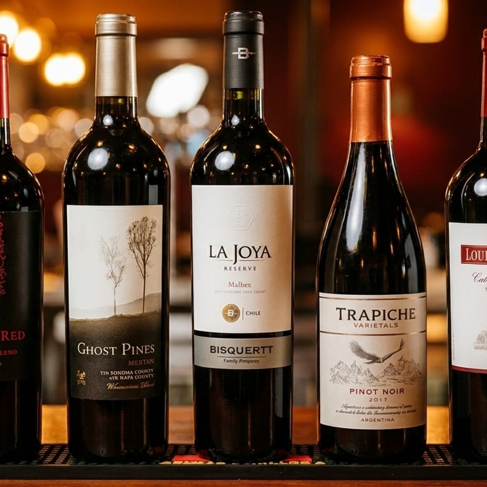 Five bottles of red wine, including Apothic Red and Louis M. Martini, displayed on a bar.