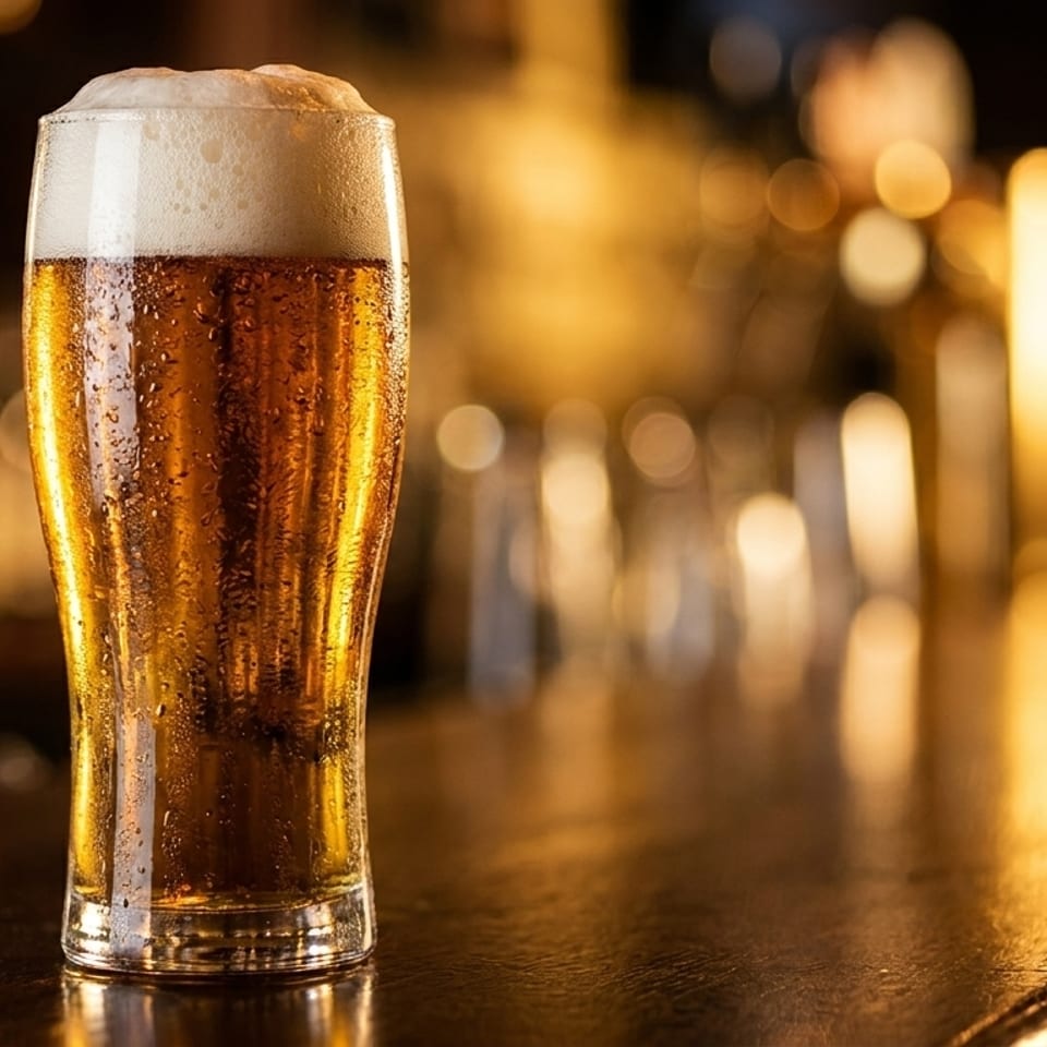 A frosty glass of beer with foamy head sits on a dark bar counter.